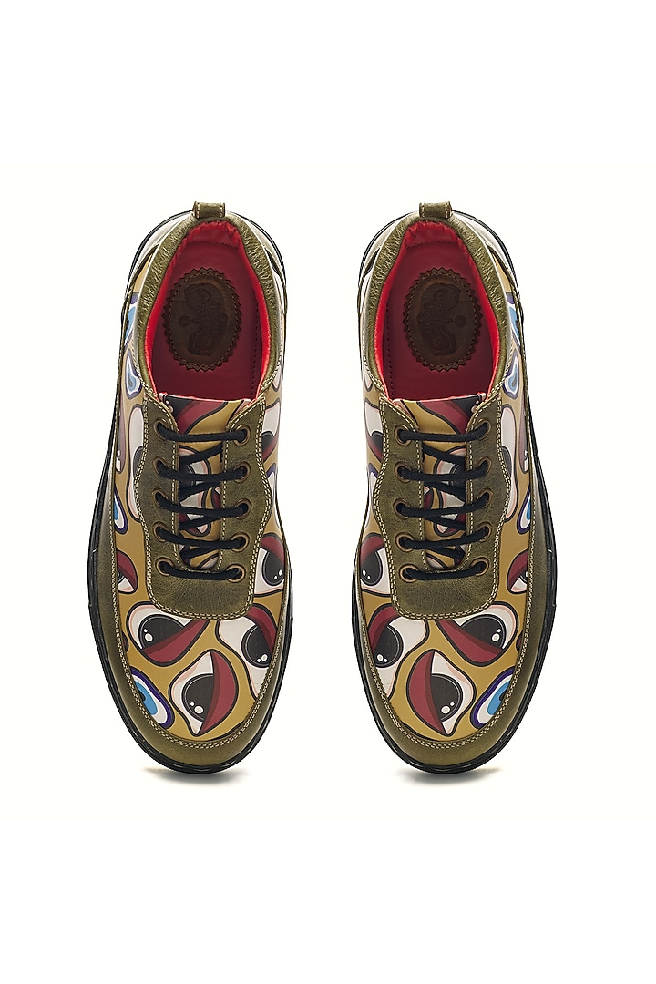 Green & White Genuine Leather Printed Sneakers by Banjaaran Studio at Pernia's Pop Up Shop