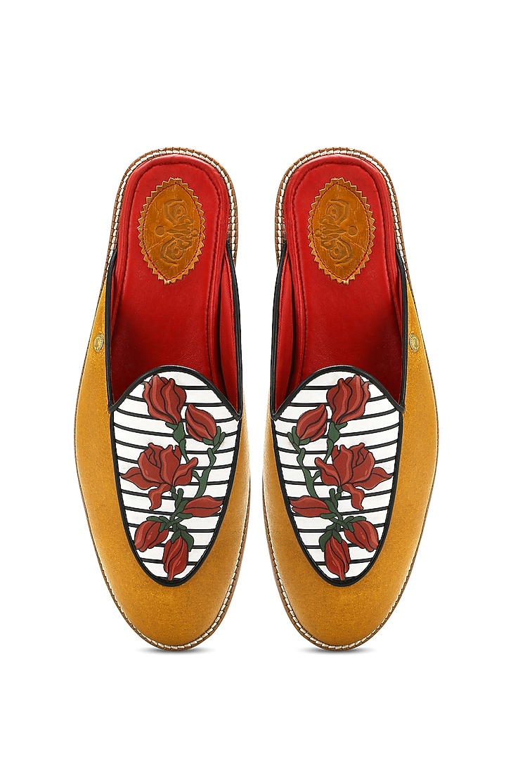 Mustard Yellow Genuine Leather Printed Handcrafted Mules by Banjaaran Studio at Pernia's Pop Up Shop