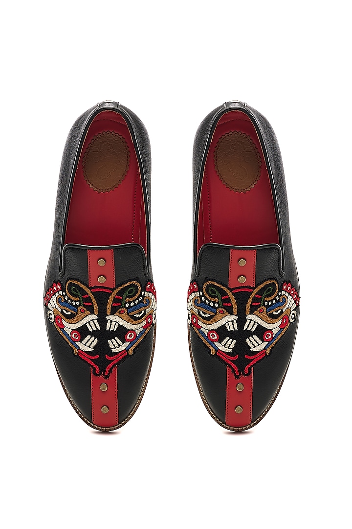 Black Genuine Leather Embroidered Handcrafted Slip-Ons by Banjaaran Studio at Pernia's Pop Up Shop