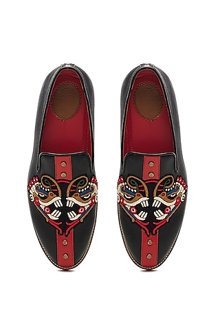 Black Genuine Leather Embroidered Handcrafted Slip-Ons by Banjaaran Studio