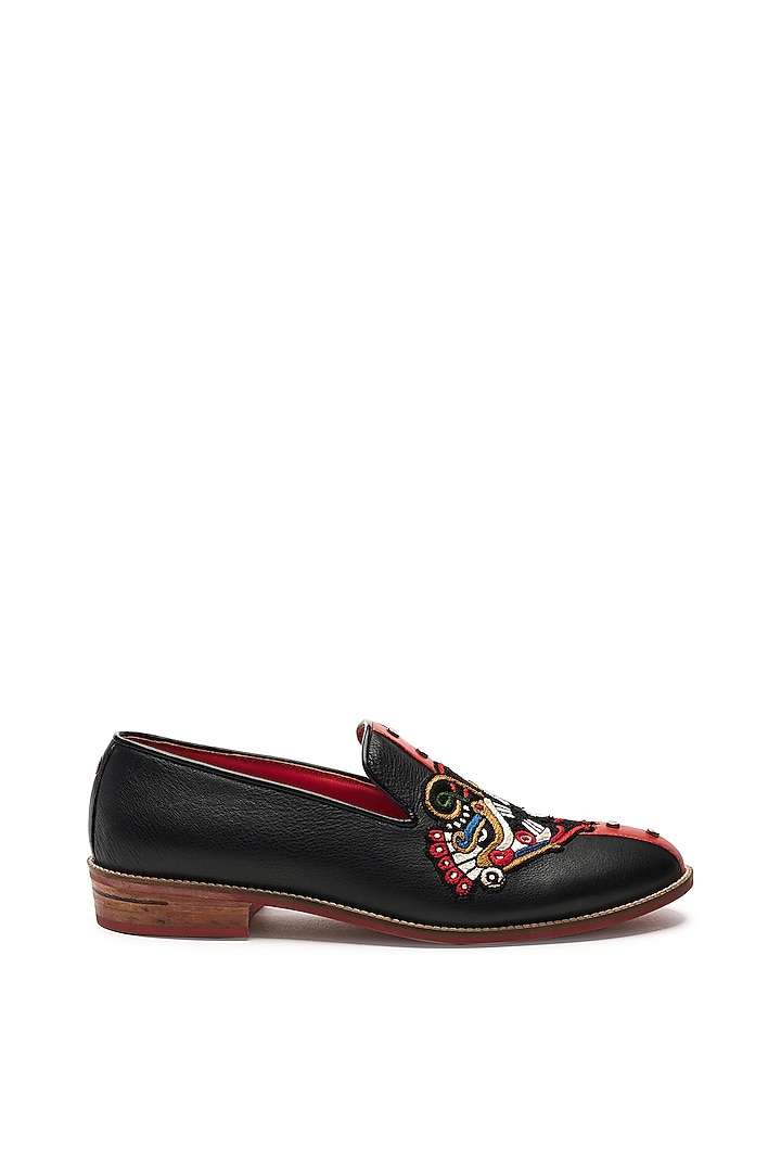Black Genuine Leather Embroidered Handcrafted Slip-Ons by Banjaaran Studio at Pernia's Pop Up Shop