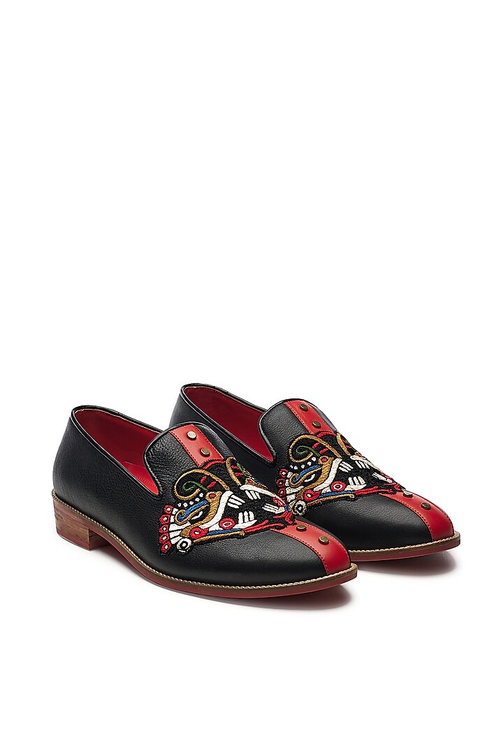 Black Genuine Leather Embroidered Handcrafted Slip-Ons by Banjaaran Studio at Pernia's Pop Up Shop