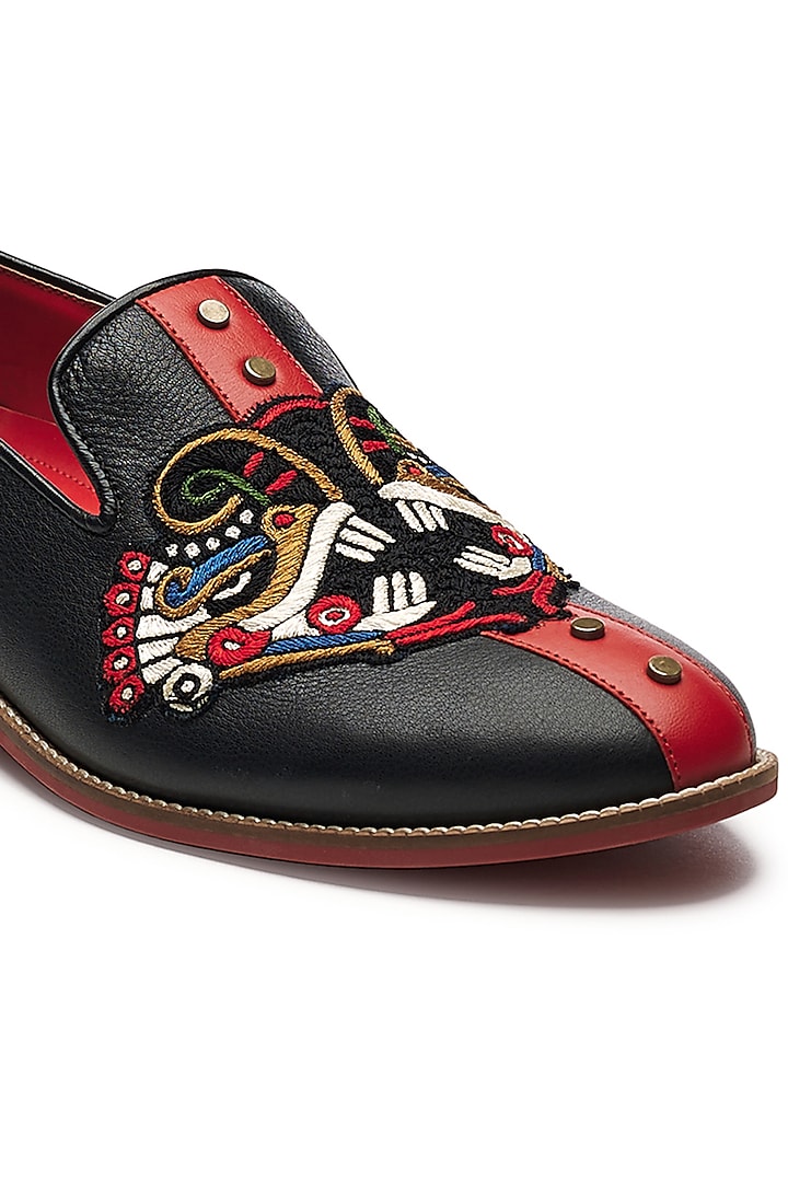 Black Genuine Leather Embroidered Handcrafted Slip-Ons by Banjaaran Studio at Pernia's Pop Up Shop