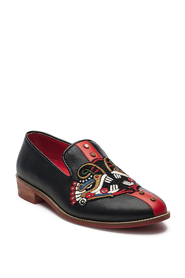Black Genuine Leather Embroidered Handcrafted Slip-Ons by Banjaaran Studio at Pernia's Pop Up Shop