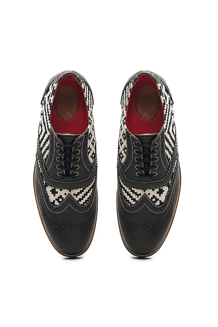 Black Genuine Leather & Woven Jacquard Brogues by Banjaaran Studio