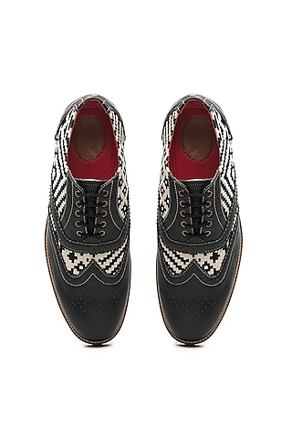 Black Genuine Leather & Woven Jacquard Brogues by Banjaaran Studio