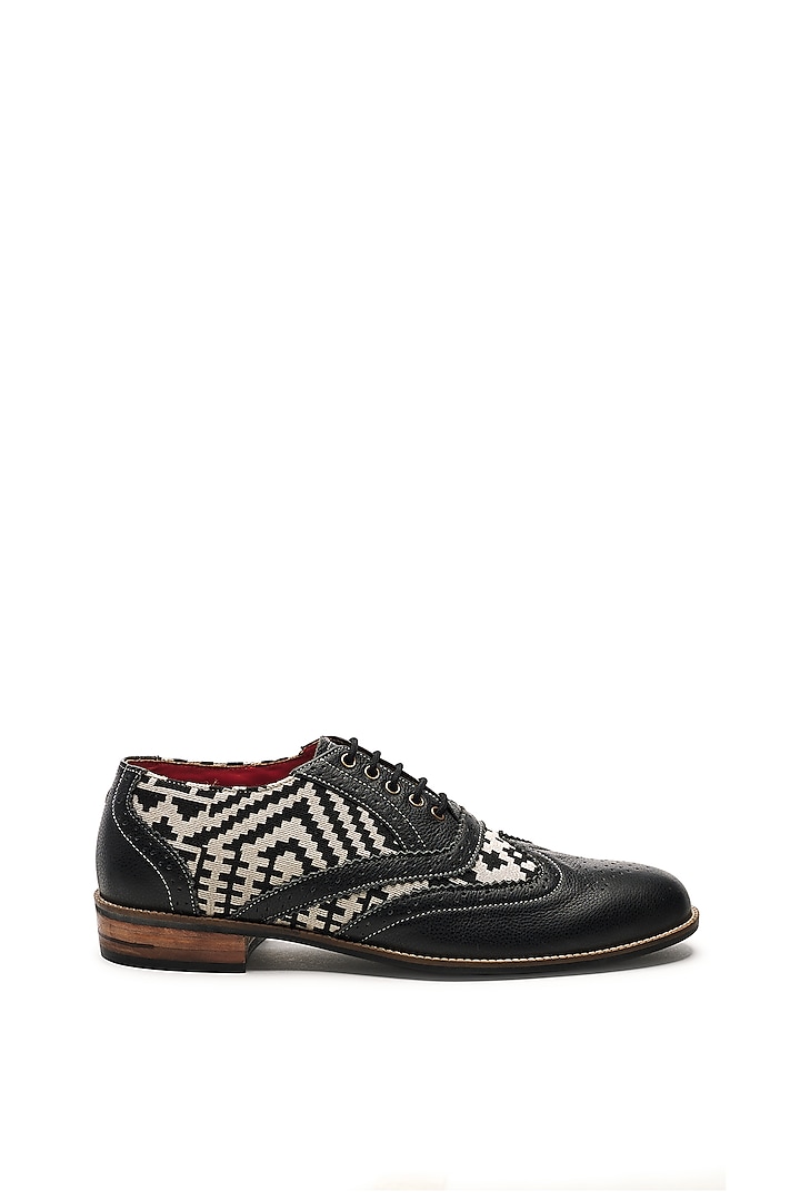 Black Genuine Leather & Woven Jacquard Brogues by Banjaaran Studio at Pernia's Pop Up Shop