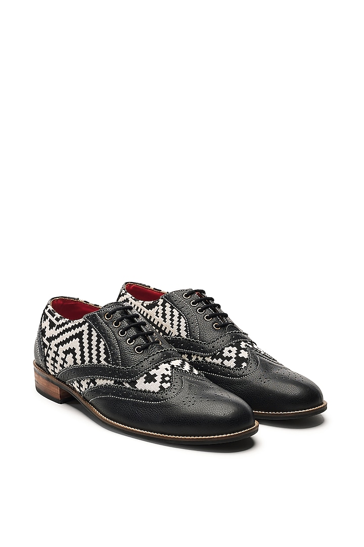 Black Genuine Leather & Woven Jacquard Brogues by Banjaaran Studio at Pernia's Pop Up Shop