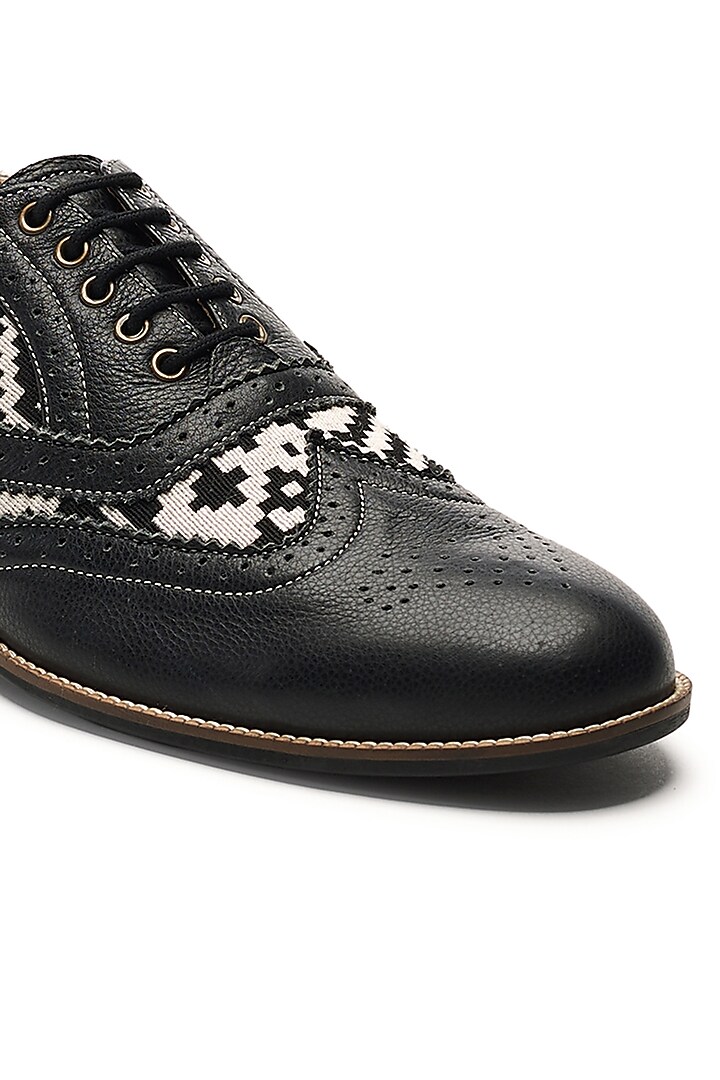 Black Genuine Leather & Woven Jacquard Brogues by Banjaaran Studio at Pernia's Pop Up Shop
