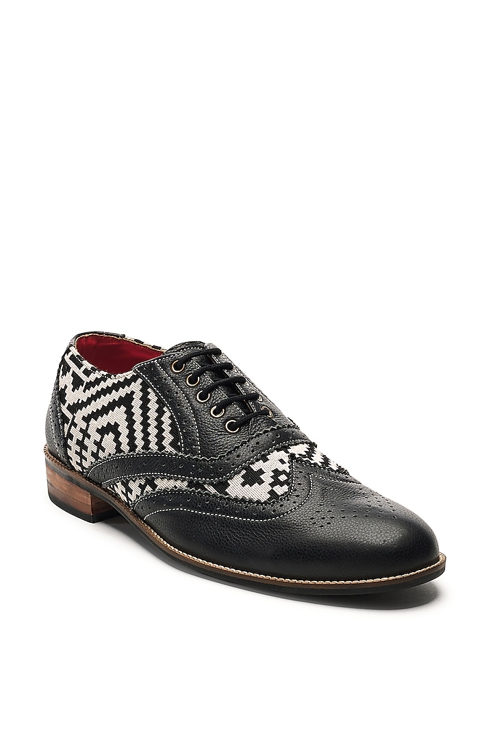 Black Genuine Leather & Woven Jacquard Brogues by Banjaaran Studio at Pernia's Pop Up Shop