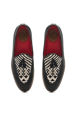 Black Genuine Leather & Woven Jacquard Handcrafted Slip-Ons by Banjaaran Studio