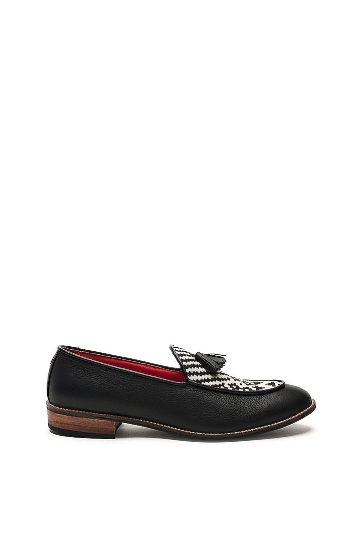 Black Genuine Leather & Woven Jacquard Handcrafted Slip-Ons by Banjaaran Studio at Pernia's Pop Up Shop