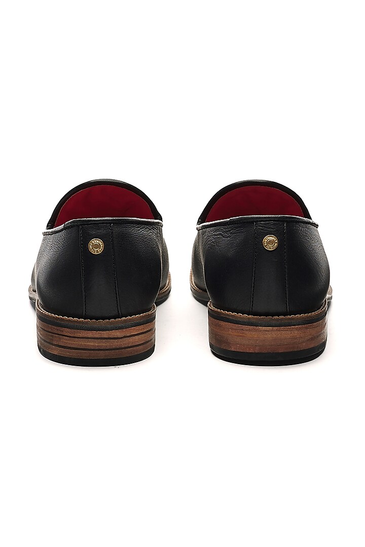 Black Genuine Leather & Woven Jacquard Handcrafted Slip-Ons by Banjaaran Studio at Pernia's Pop Up Shop
