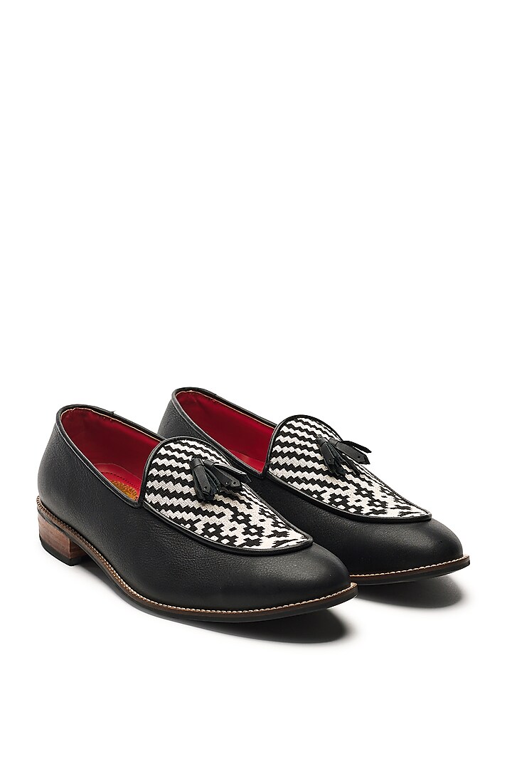 Black Genuine Leather & Woven Jacquard Handcrafted Slip-Ons by Banjaaran Studio at Pernia's Pop Up Shop