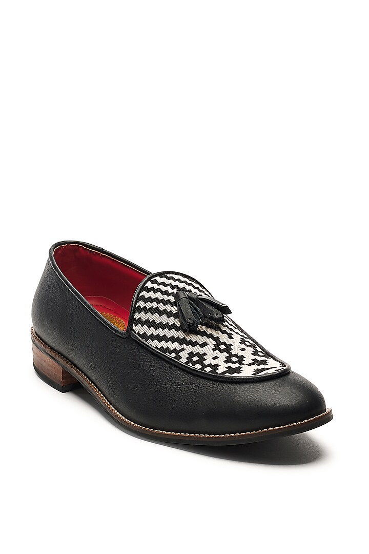 Black Genuine Leather & Woven Jacquard Handcrafted Slip-Ons by Banjaaran Studio at Pernia's Pop Up Shop