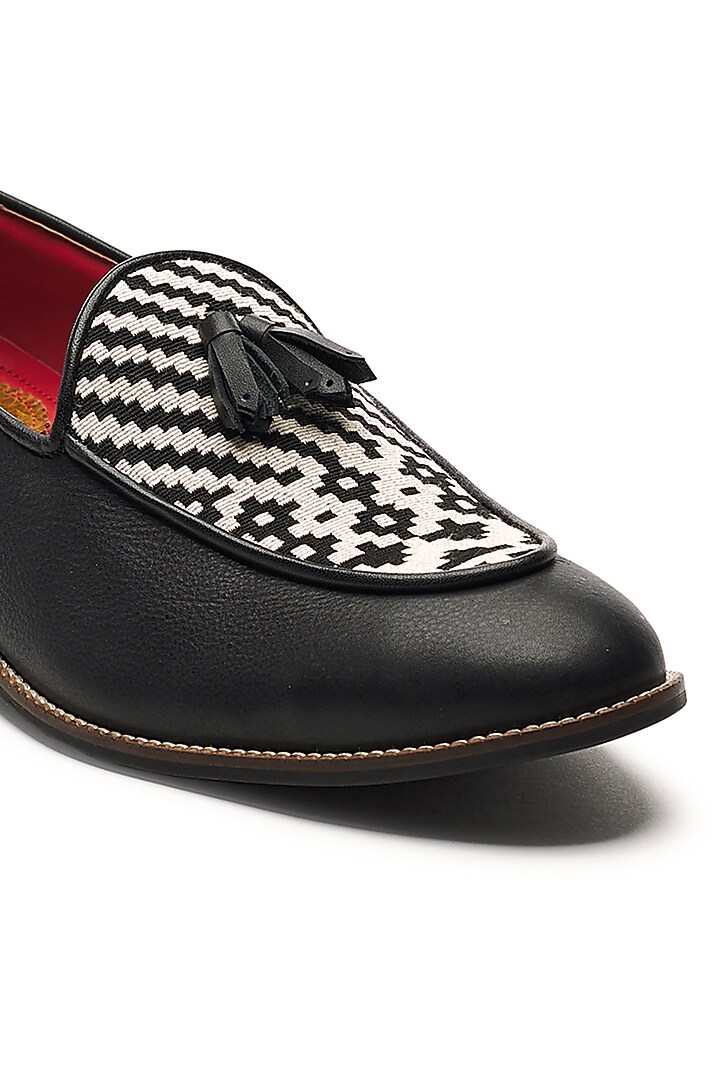 Black Genuine Leather & Woven Jacquard Handcrafted Slip-Ons by Banjaaran Studio at Pernia's Pop Up Shop