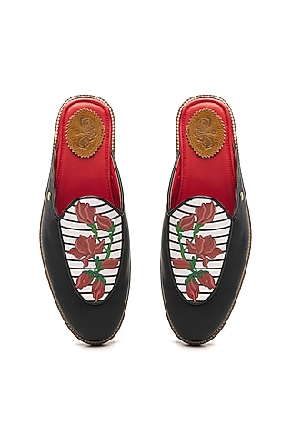 Black Genuine Leather Floral Printed Mules by Banjaaran Studio