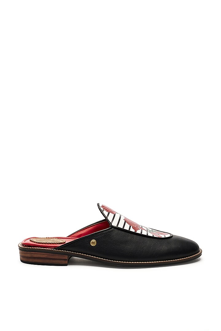 Black Genuine Leather Floral Printed Mules by Banjaaran Studio at Pernia's Pop Up Shop