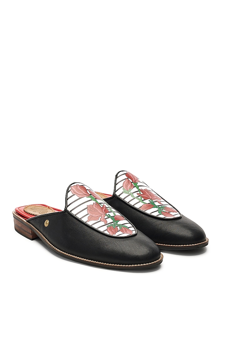 Black Genuine Leather Floral Printed Mules by Banjaaran Studio at Pernia's Pop Up Shop