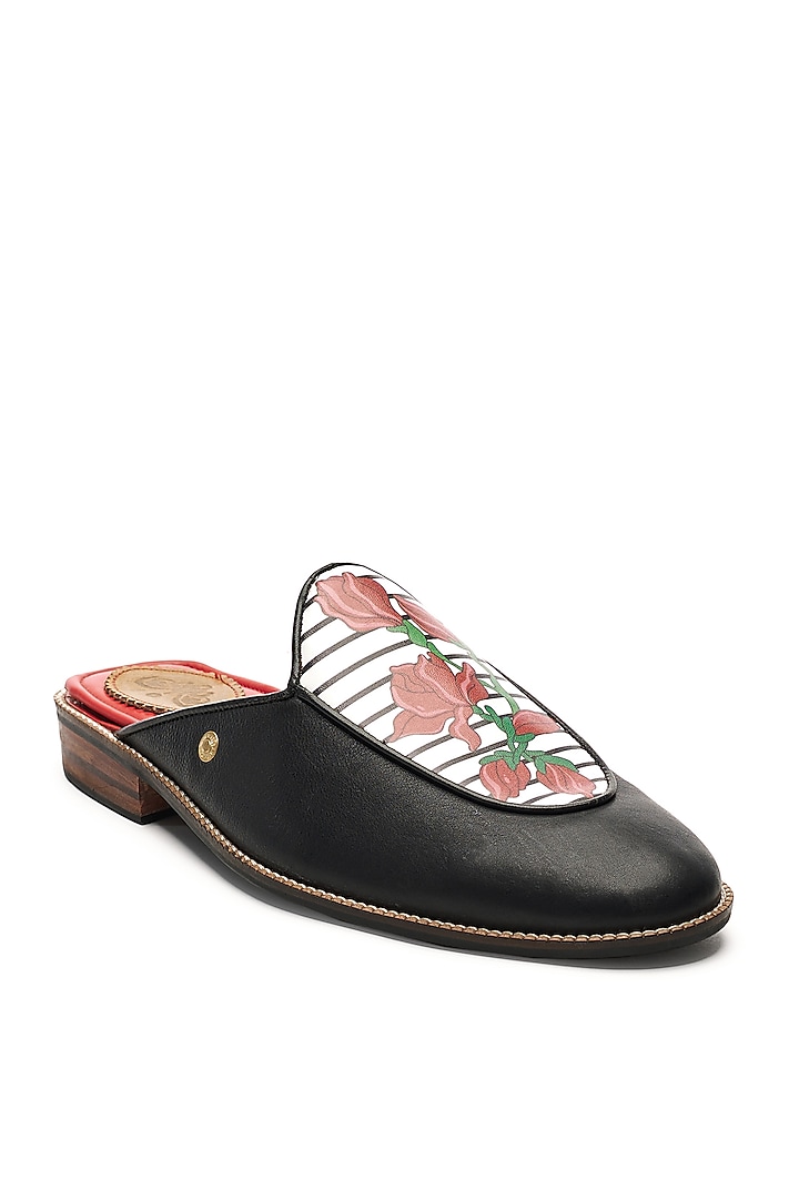 Black Genuine Leather Floral Printed Mules by Banjaaran Studio at Pernia's Pop Up Shop