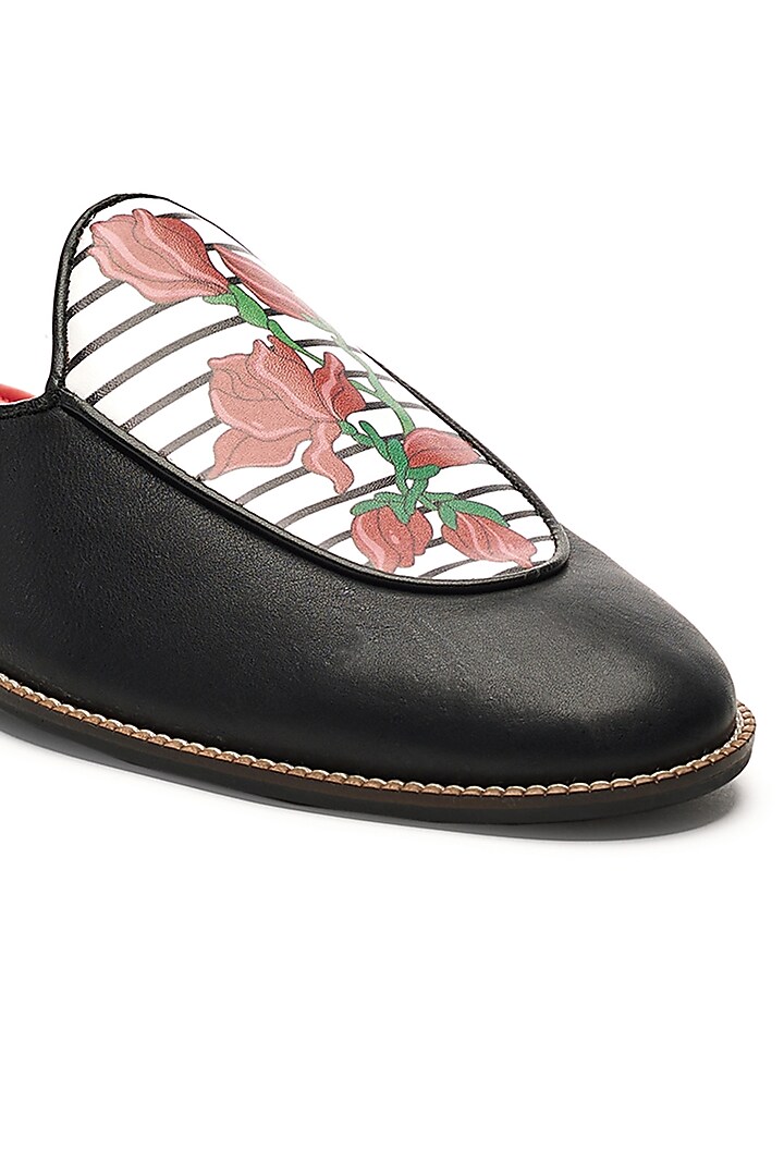 Black Genuine Leather Floral Printed Mules by Banjaaran Studio at Pernia's Pop Up Shop