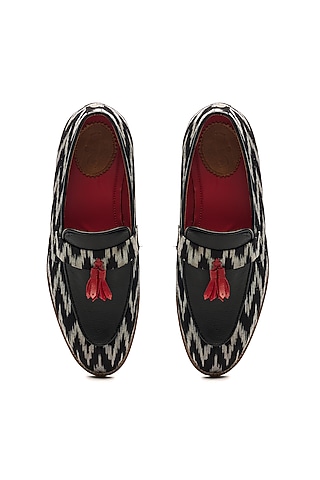 Black Genuine Leather Ikat Printed Loafers by Banjaaran Studio