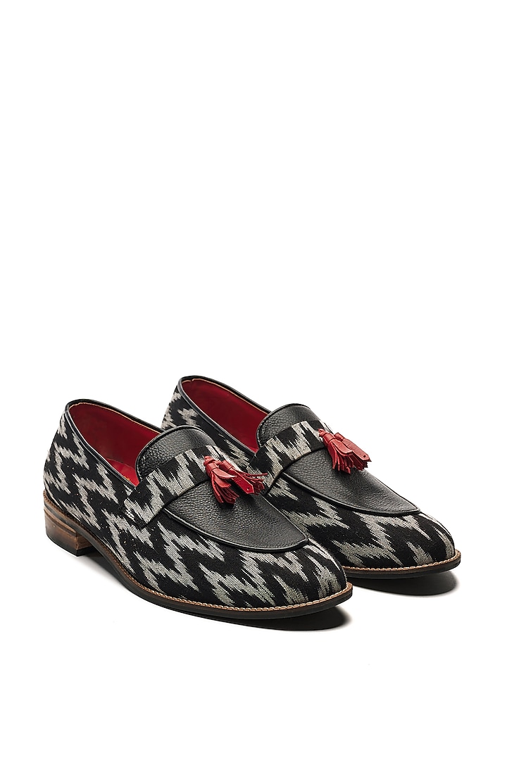 Black Genuine Leather Ikat Printed Loafers by Banjaaran Studio at Pernia's Pop Up Shop