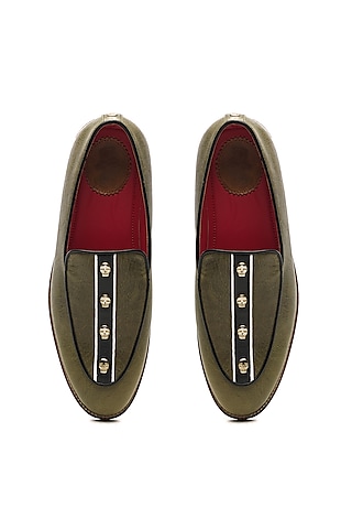 Olive Green Genuine Leather Slip-Ons by Banjaaran Studio