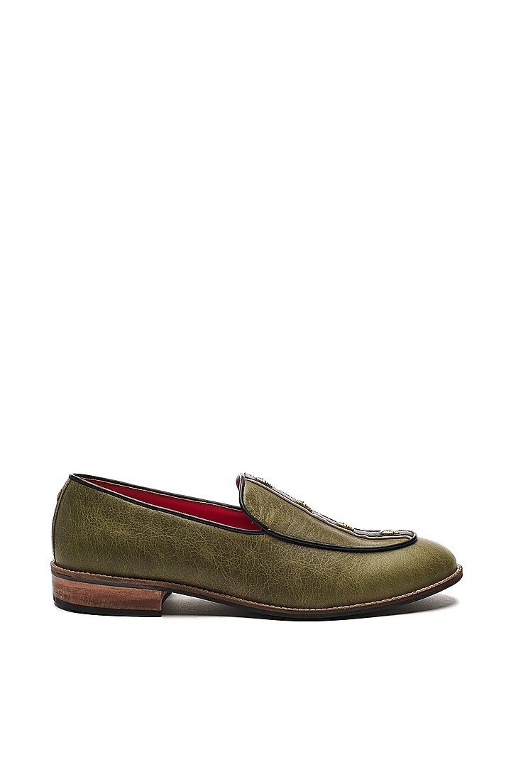 Olive Green Genuine Leather Slip-Ons by Banjaaran Studio at Pernia's Pop Up Shop