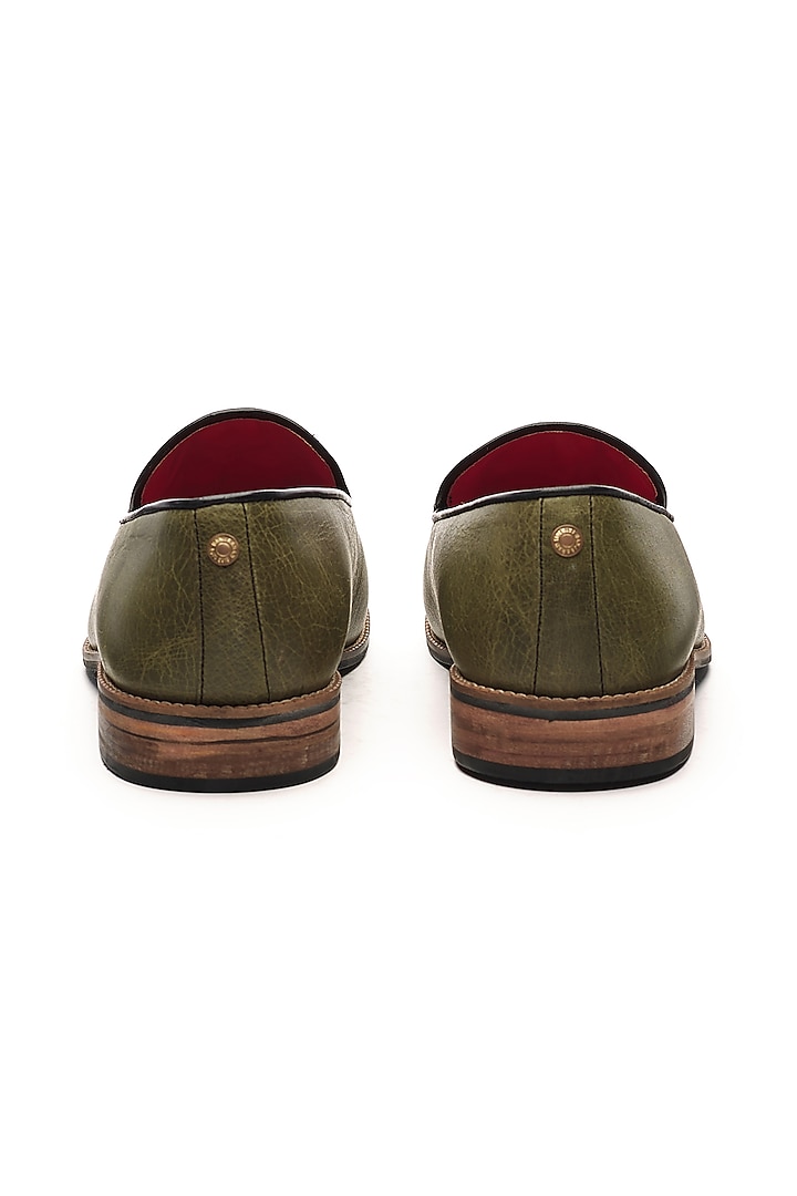 Olive Green Genuine Leather Slip-Ons by Banjaaran Studio at Pernia's Pop Up Shop