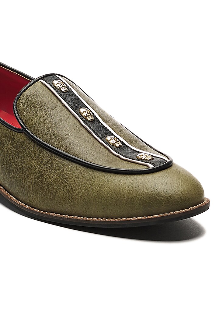 Olive Green Genuine Leather Slip-Ons by Banjaaran Studio at Pernia's Pop Up Shop