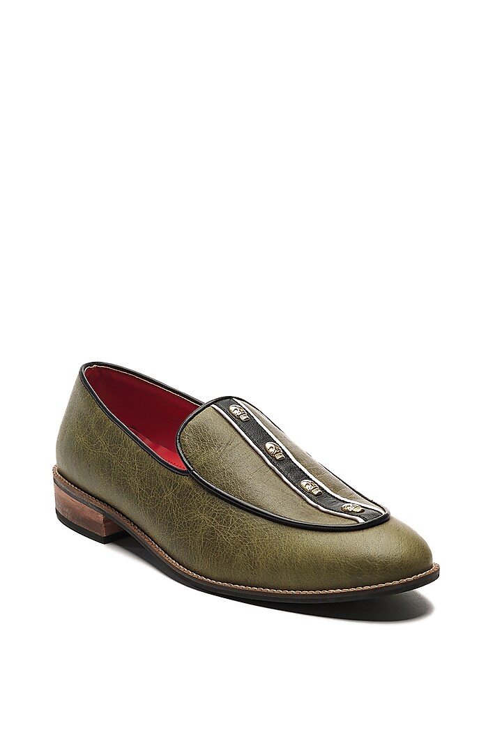 Olive Green Genuine Leather Slip-Ons by Banjaaran Studio at Pernia's Pop Up Shop