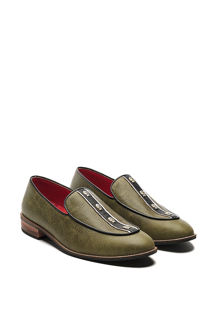 Olive Green Genuine Leather Slip-Ons by Banjaaran Studio at Pernia's Pop Up Shop