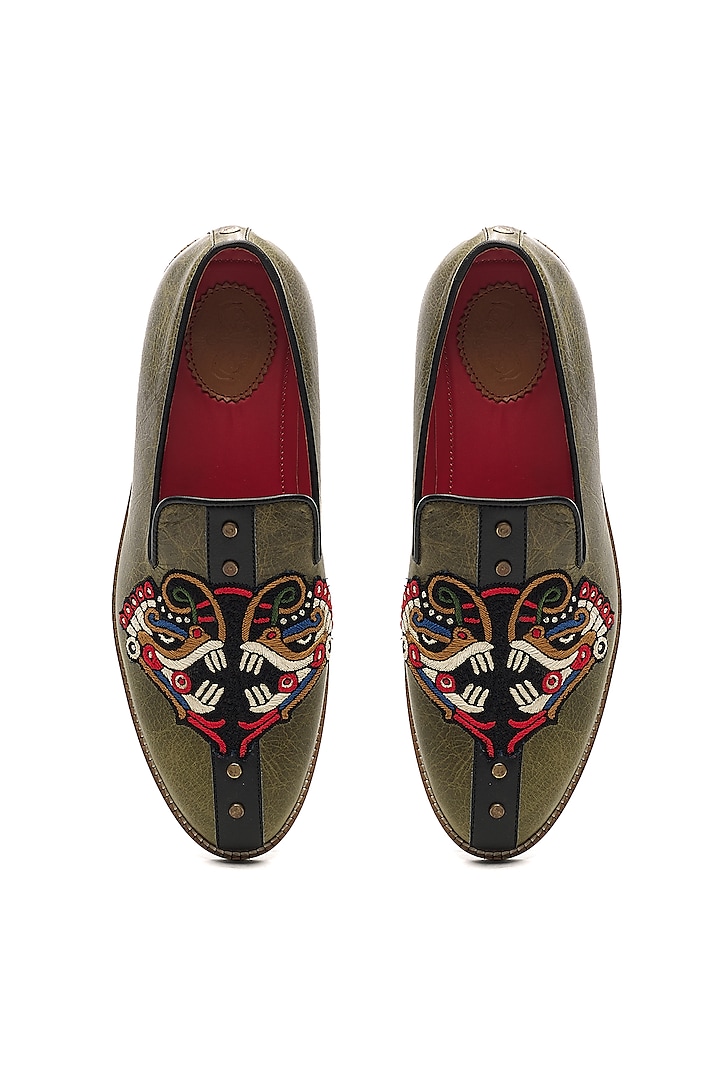 Olive Green Genuine Leather Hand Embroidered Slip-Ons by Banjaaran Studio