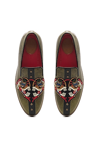 Olive Green Genuine Leather Hand Embroidered Slip-Ons by Banjaaran Studio