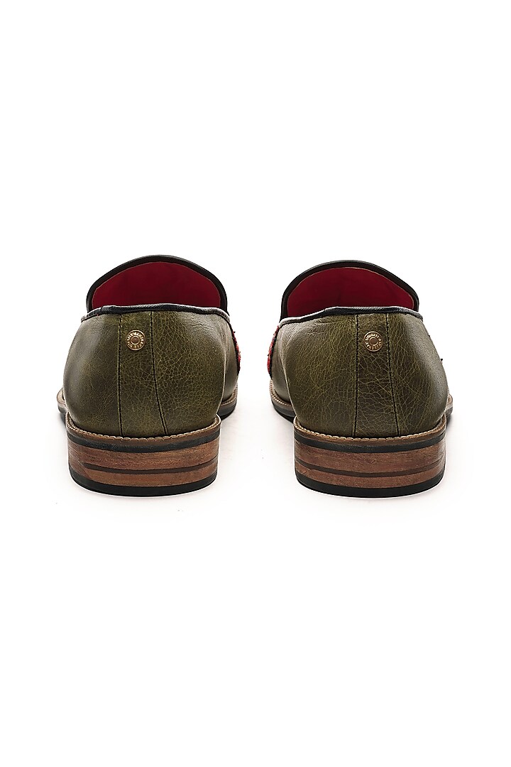 Olive Green Genuine Leather Hand Embroidered Slip-Ons by Banjaaran Studio at Pernia's Pop Up Shop