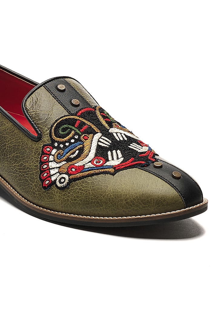 Olive Green Genuine Leather Hand Embroidered Slip-Ons by Banjaaran Studio at Pernia's Pop Up Shop
