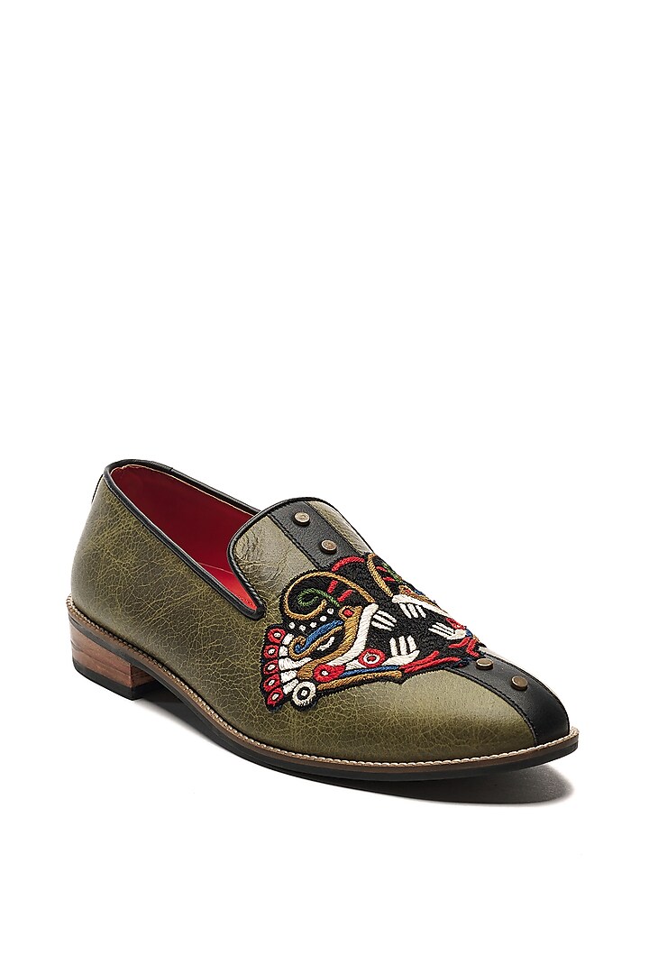 Olive Green Genuine Leather Hand Embroidered Slip-Ons by Banjaaran Studio at Pernia's Pop Up Shop