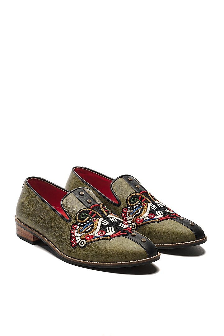 Olive Green Genuine Leather Hand Embroidered Slip-Ons by Banjaaran Studio at Pernia's Pop Up Shop