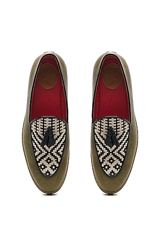 Olive Green Genuine Leather & Jacquard Slip-Ons by Banjaaran Studio