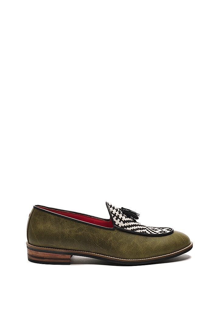Olive Green Genuine Leather & Jacquard Slip-Ons by Banjaaran Studio at Pernia's Pop Up Shop