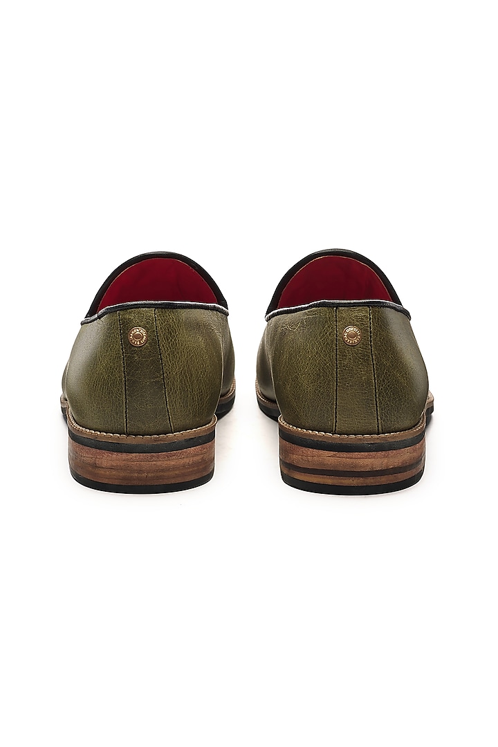 Olive Green Genuine Leather & Jacquard Slip-Ons by Banjaaran Studio at Pernia's Pop Up Shop