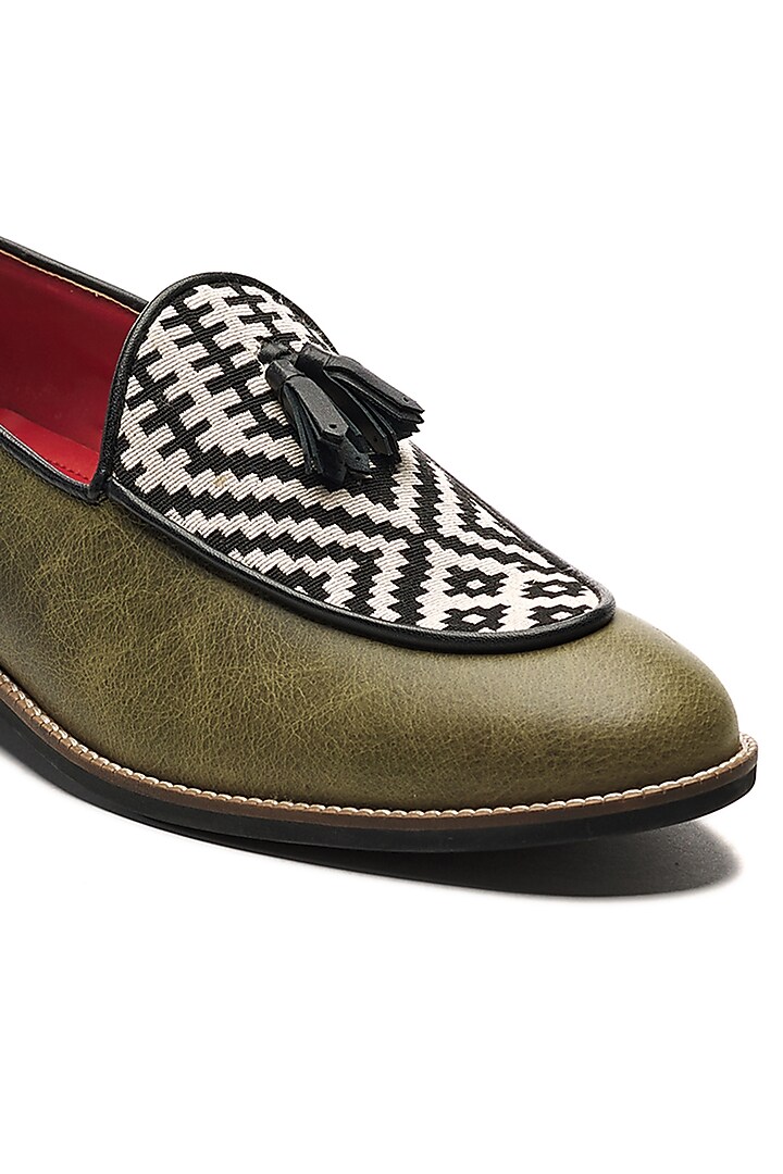 Olive Green Genuine Leather & Jacquard Slip-Ons by Banjaaran Studio at Pernia's Pop Up Shop