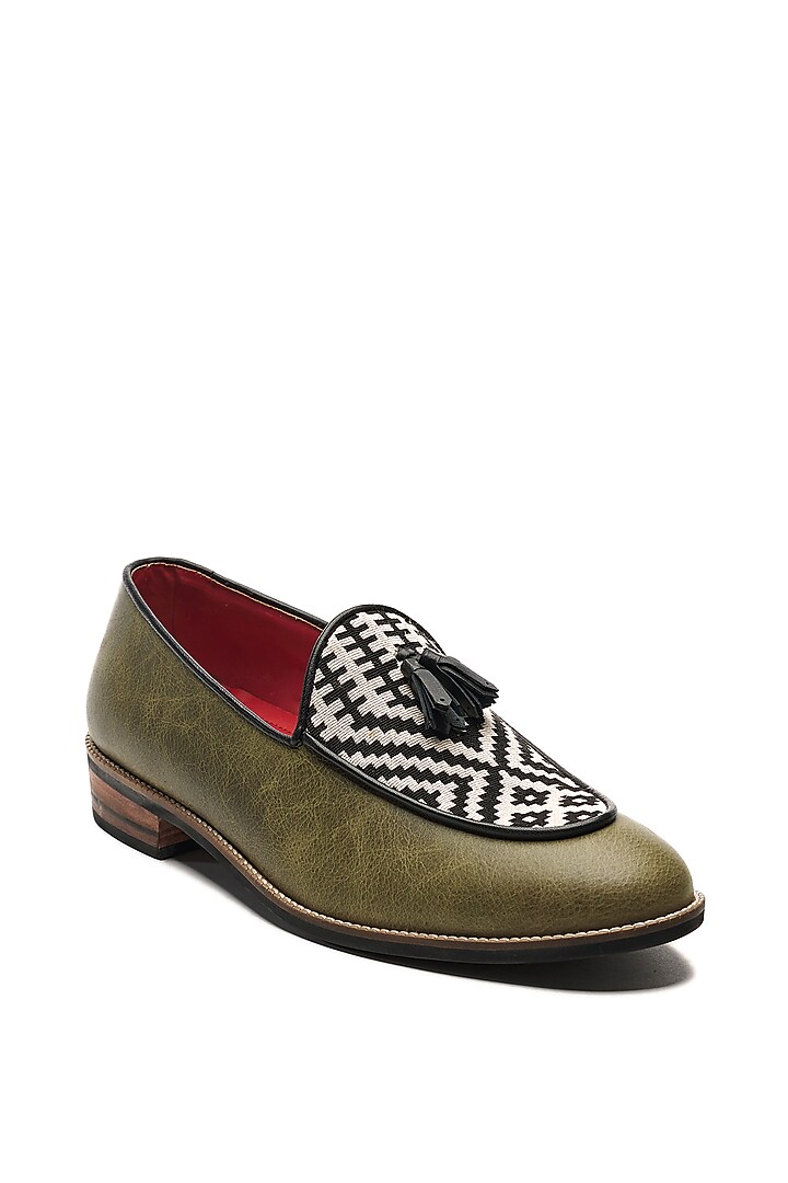 Olive Green Genuine Leather & Jacquard Slip-Ons by Banjaaran Studio at Pernia's Pop Up Shop