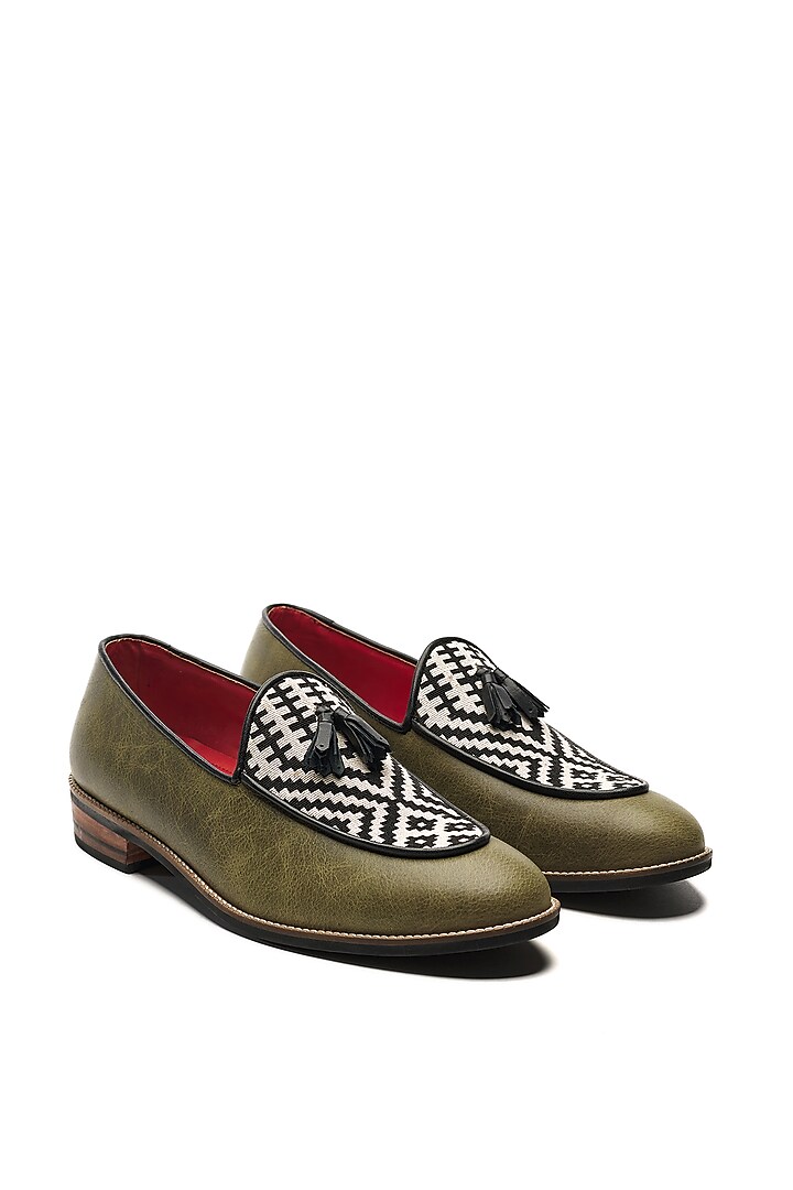 Olive Green Genuine Leather & Jacquard Slip-Ons by Banjaaran Studio at Pernia's Pop Up Shop