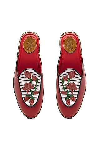 Red Genuine Leather Printed Mules by Banjaaran Studio