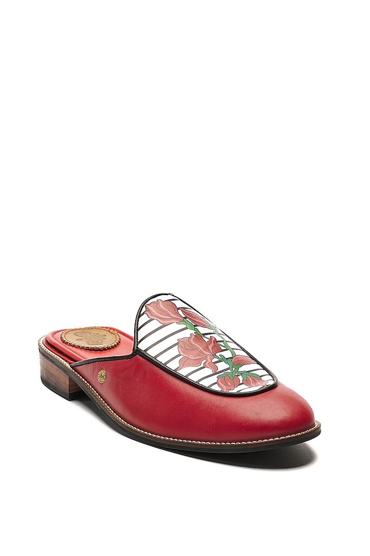 Red Genuine Leather Printed Mules by Banjaaran Studio at Pernia's Pop Up Shop