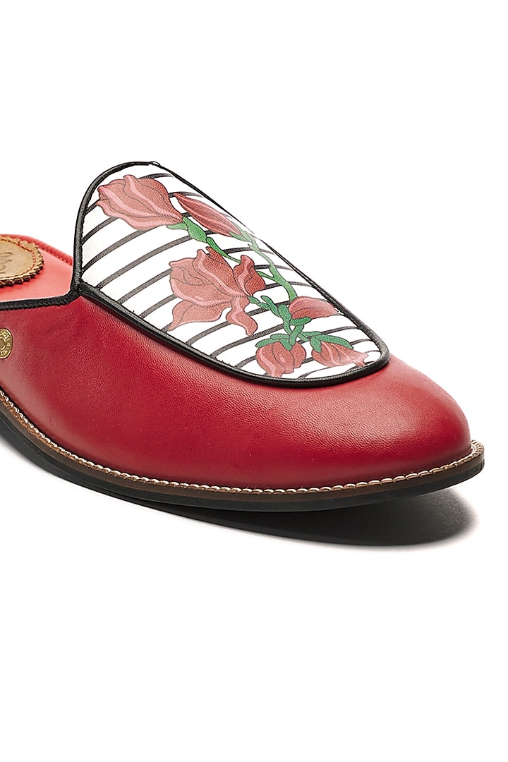 Red Genuine Leather Printed Mules by Banjaaran Studio at Pernia's Pop Up Shop