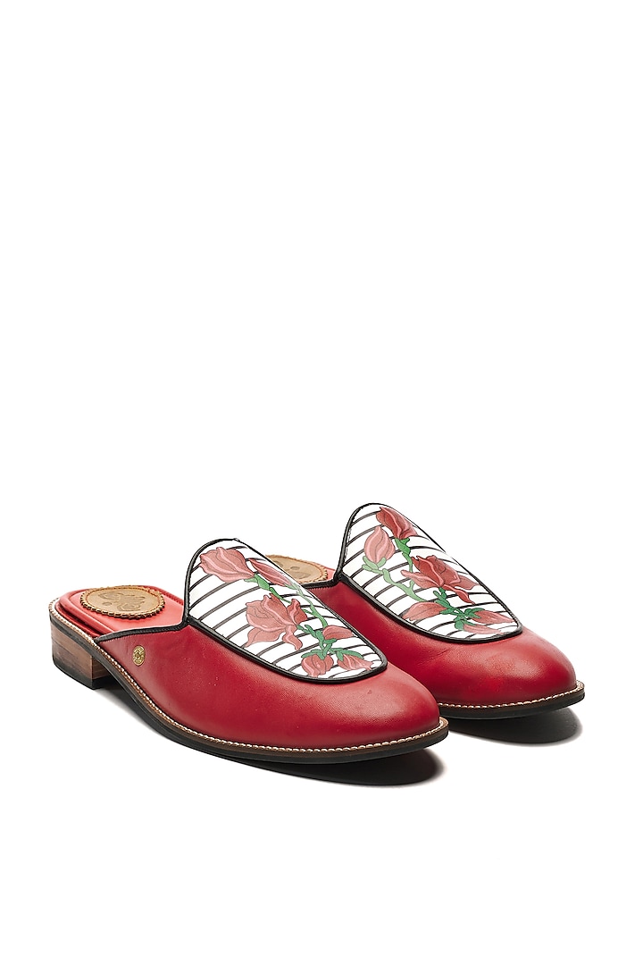 Red Genuine Leather Printed Mules by Banjaaran Studio at Pernia's Pop Up Shop