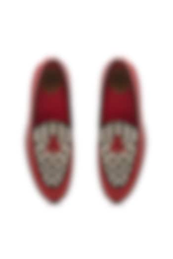 Red Genuine Leather & Jacquard Slip-Ons by Banjaaran Studio